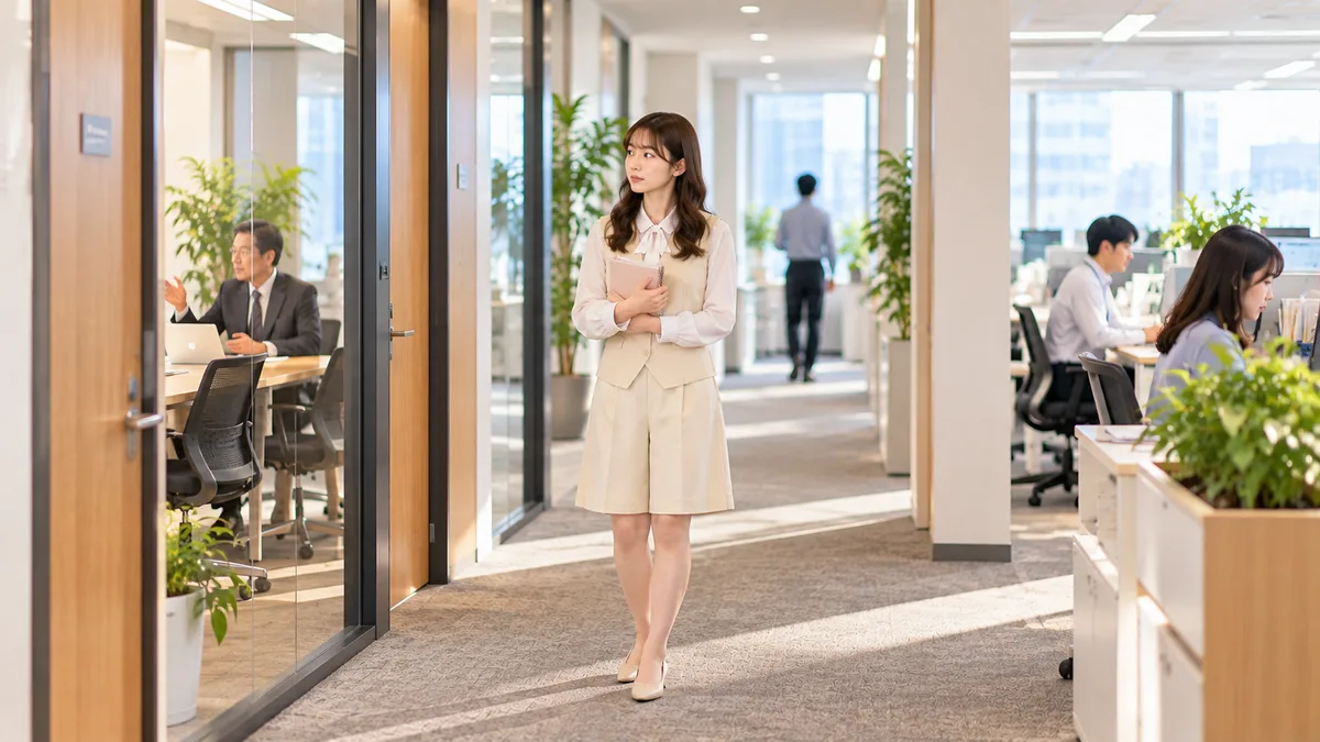 職場の通路で女性が、上司への相談や今の仕事を続けること、別の働き方など複数の選択肢を考えている様子。