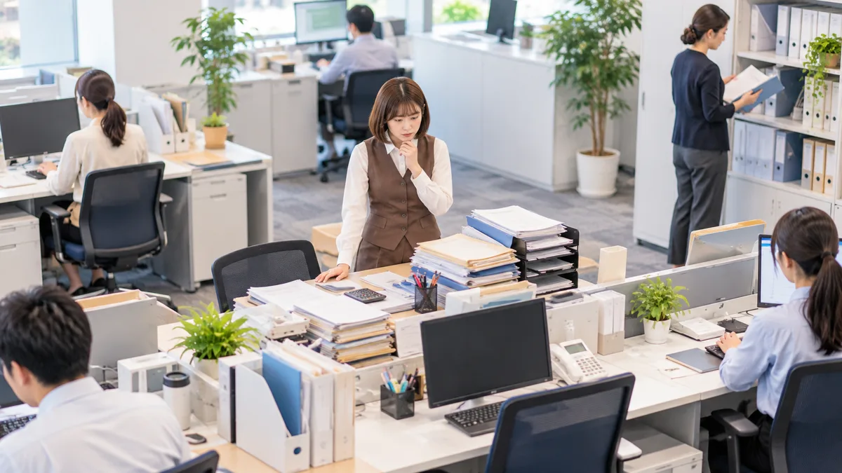 周囲より自分の机に仕事が多く集まっていることに気づく30代女性