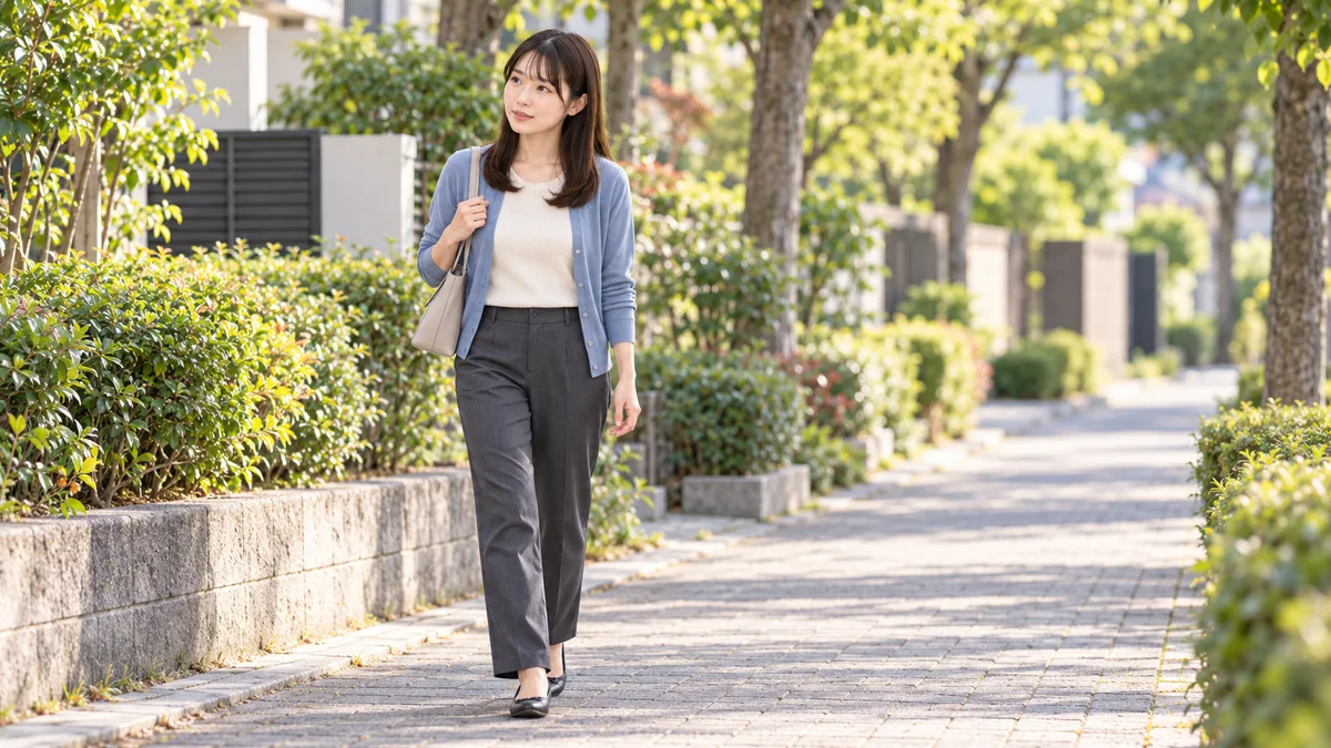 青いカーディガンとグレーのパンツを着て、緑の多い歩道を一人で歩く女性