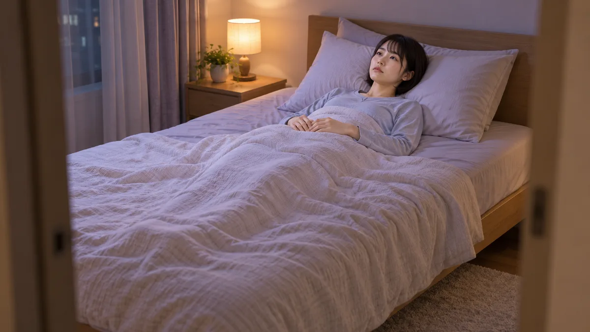 グレーの部屋着姿でベッドに横になり、寝具の上に両手を置いて天井を見る女性