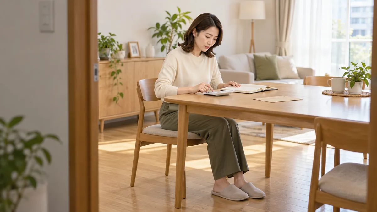 自宅のダイニングで、アイボリーのニットを着た女性がノートの横で電卓を操作している