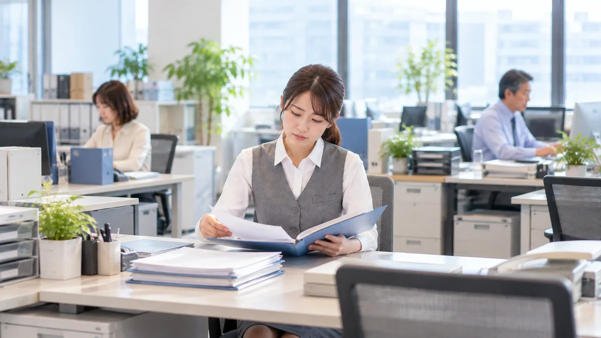 グレーの制服の女性がオフィスのデスクで青いファイルを開き、後方では男女の同僚がそれぞれ仕事をしている
