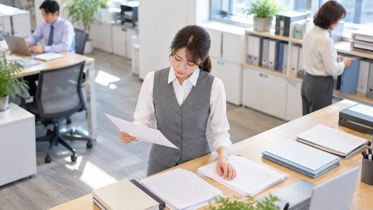 グレーの制服の女性が作業台に立ち、手に持った書類と机の資料を見比べている
