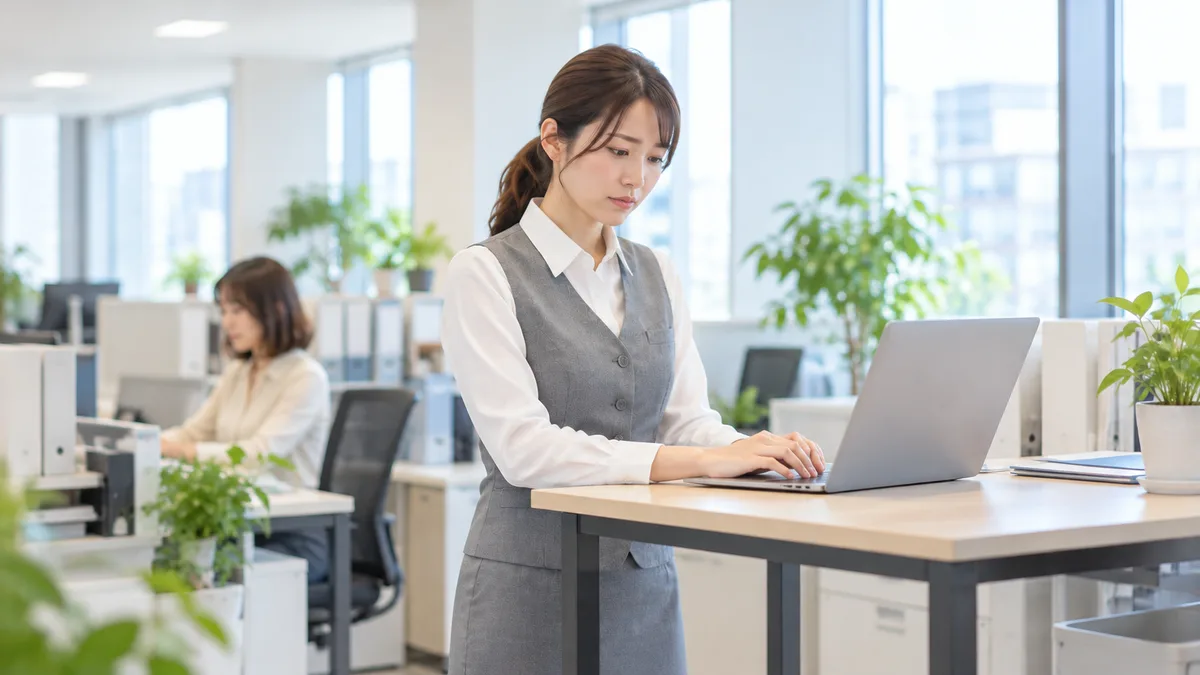 グレーの制服を着た女性がオフィスで立ちながらノートパソコンを操作し、後方では同僚が仕事をしている