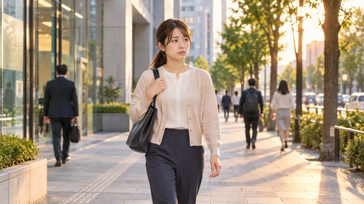 ベージュのカーディガンと紺色のパンツを着た女性が、夕方のオフィス街をバッグを肩に掛けて歩いている