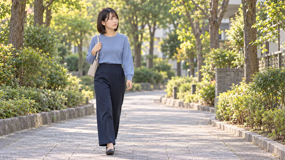 バッグを肩に掛け、木々のある歩道を歩く女性。