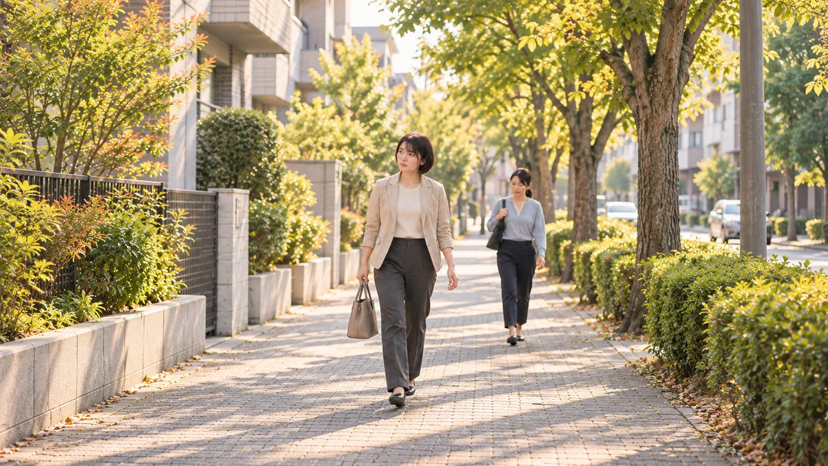 ベージュのジャケット姿でバッグを持ち、街路樹のある歩道を歩く女性と、後方を歩く女性