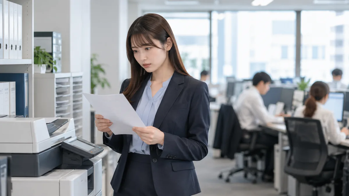 コピー機のそばで書類を確認する女性