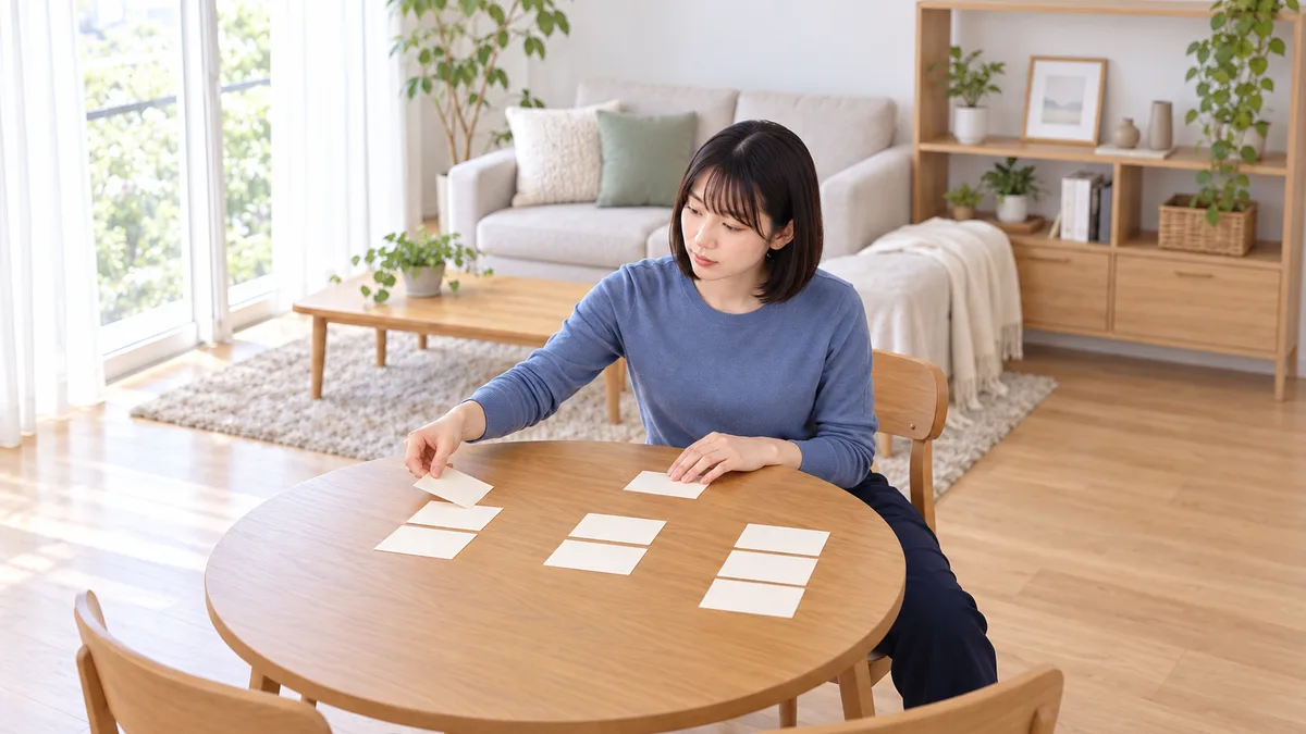自宅の丸テーブルで、無地のカードを分ける女性。