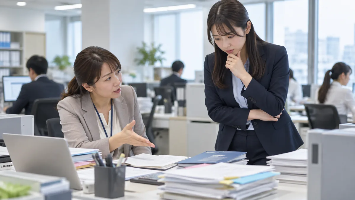 多くの資料を前に先輩社員の説明を聞く女性