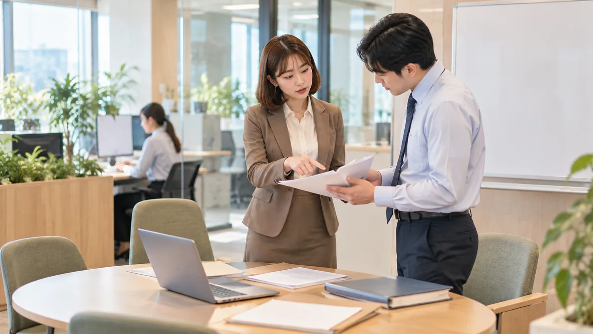 打ち合わせスペースで同僚と資料の内容を確認する女性