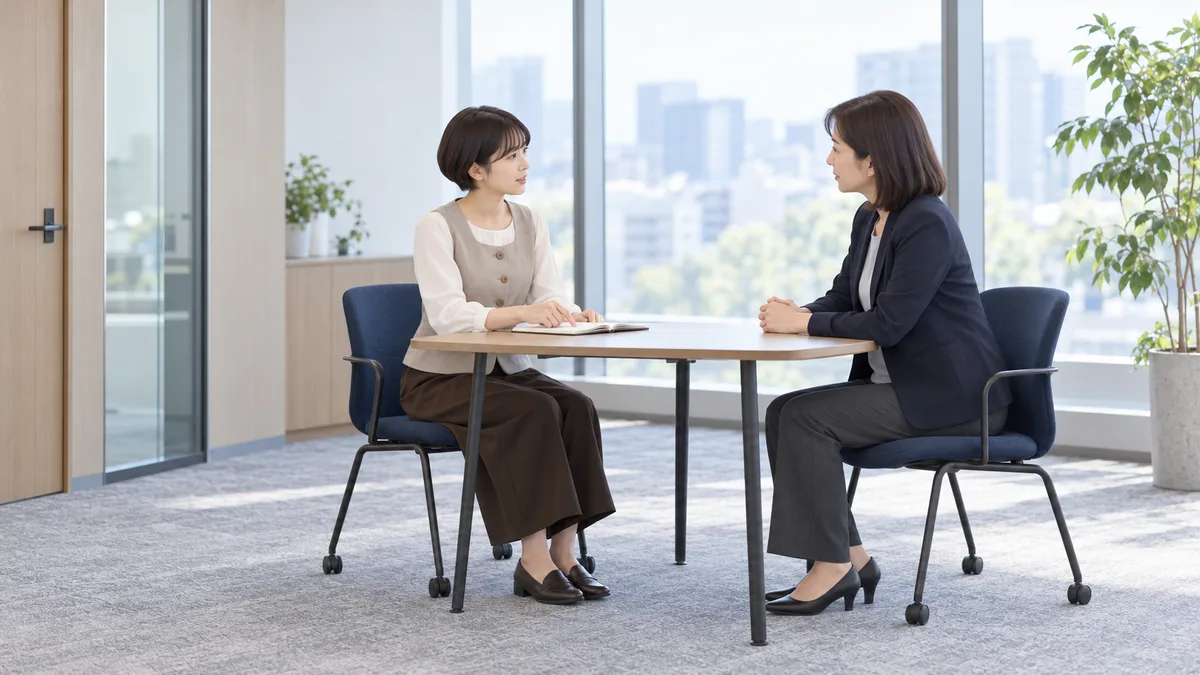 打ち合わせ室でノートを示しながら女性上司に話す女性