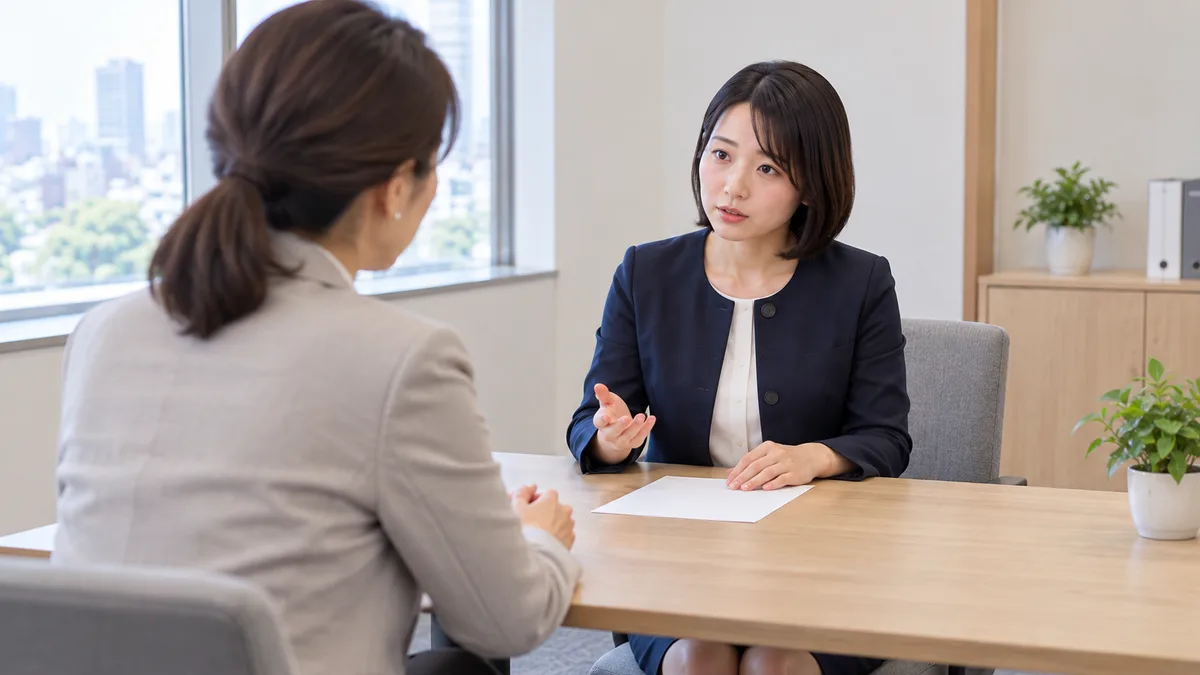 相談室でメモを机に置き、向かいの担当者に話す女性