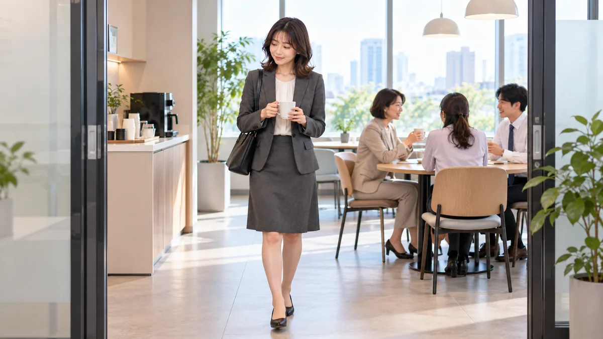 職場で同僚たちが話している中、女性が会話には加わらず、自分の仕事へ戻ろうとしている様子。