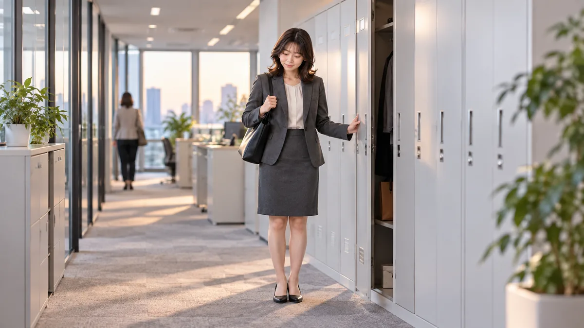 仕事を終えた女性が職場で帰る準備をし、苦手な同僚とはほどよい距離を保っている様子。