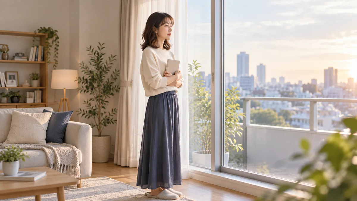 自宅で女性が窓の外を見ながら、今の職場を続ける方法やこれからの働き方について静かに考えている様子。