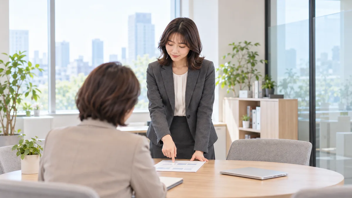 職場で女性が苦手な同僚と少し距離を取りながら、仕事に必要な資料を落ち着いて確認している様子。