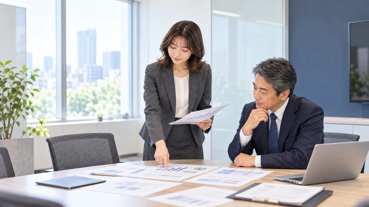 女性が上司と業務資料を確認しながら、職場で起きている仕事上の困りごとを落ち着いて相談している様子。