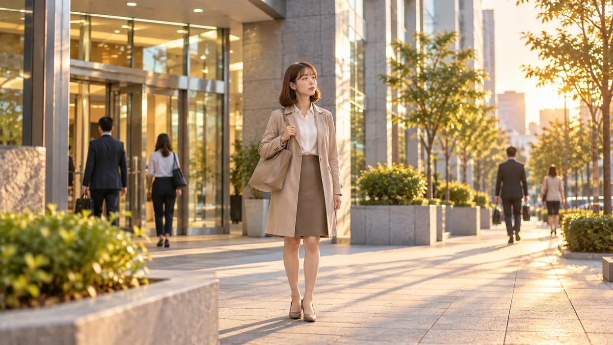 夕方のオフィスビル前で通勤バッグを持ち、前方を見る女性