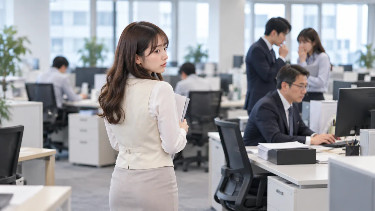 相談したい女性社員が声をかけられず、周囲の重い空気や小声の会話に不安を感じている様子。