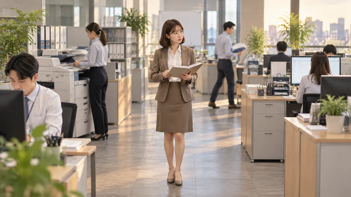 業務ノートを開き、周囲で働く同僚を見ながら状況を確認する女性