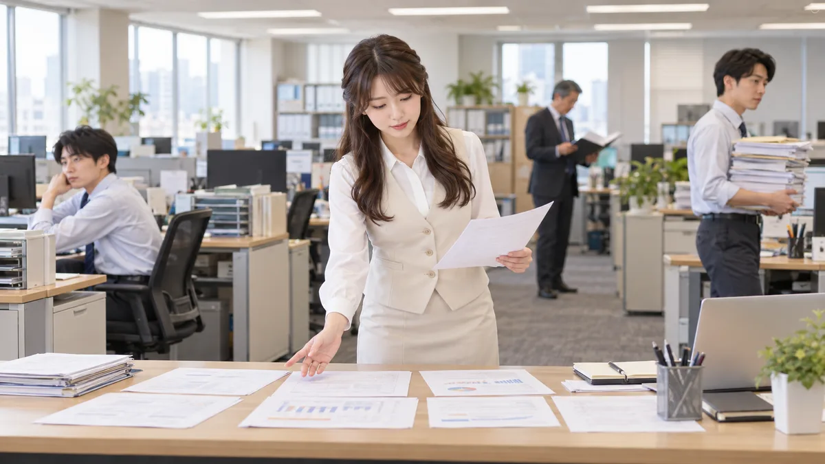 女性社員が複数の資料や職場の様子を見比べ、人間関係が悪くなる原因を一人に決めつけず考えている様子。