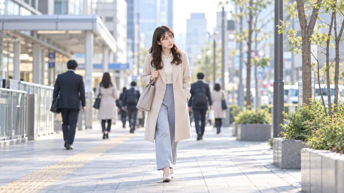 出勤途中の女性が気が重そうに歩きながら、今の職場で働き続けることについて考えている様子。