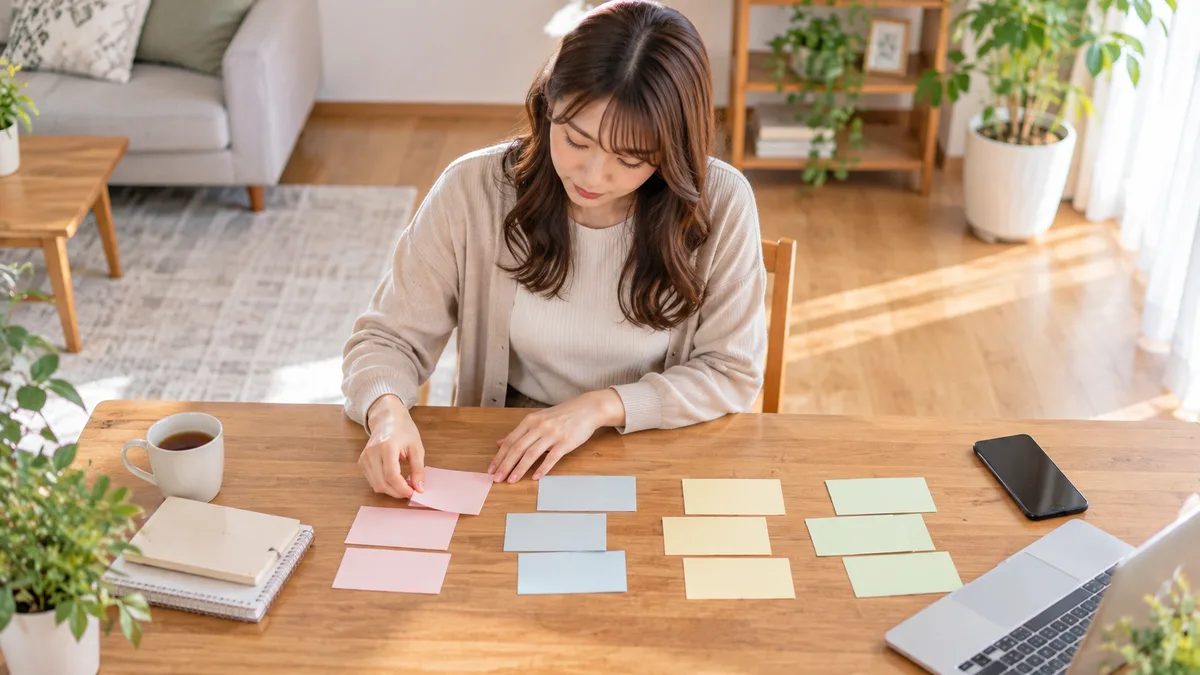 自宅で女性が職場の悩みをいくつかに分けて整理し、人間関係が悪くなる理由を落ち着いて考えている様子。