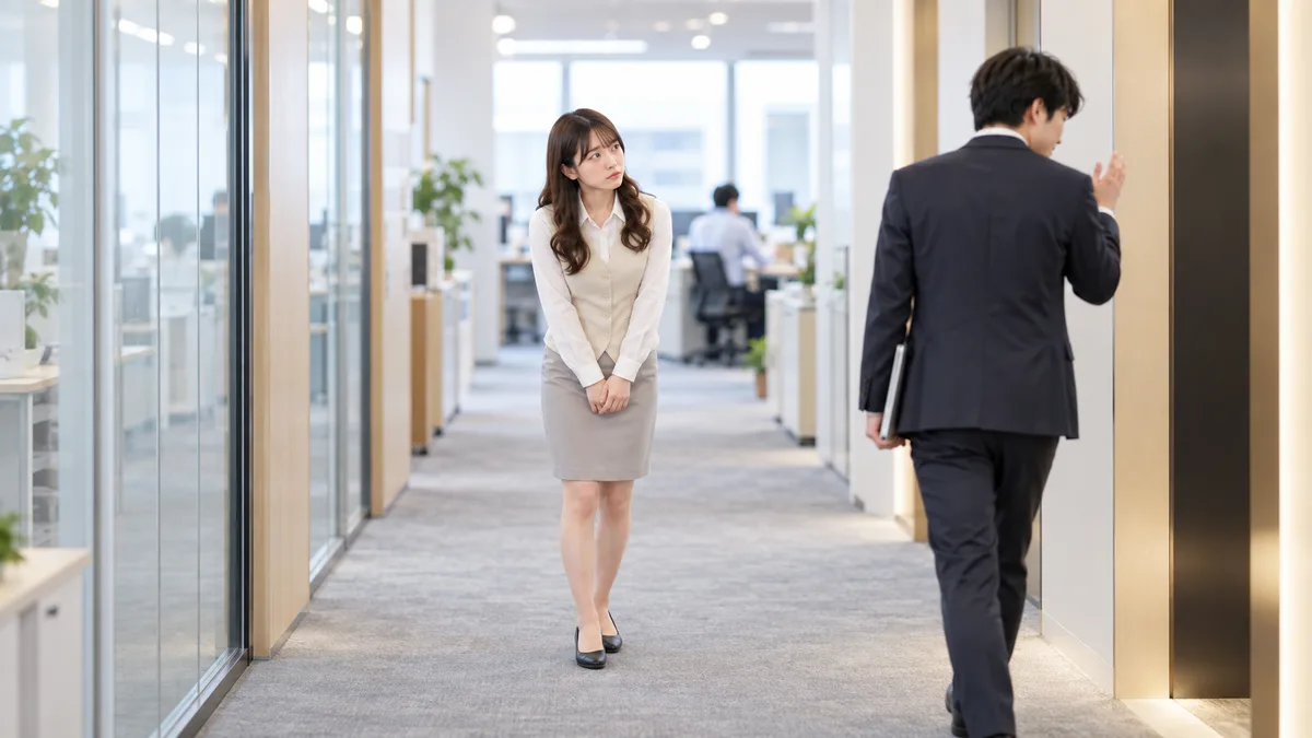 職場で挨拶をした女性が、相手のそっけない反応に戸惑い、小さな違和感を感じている様子。