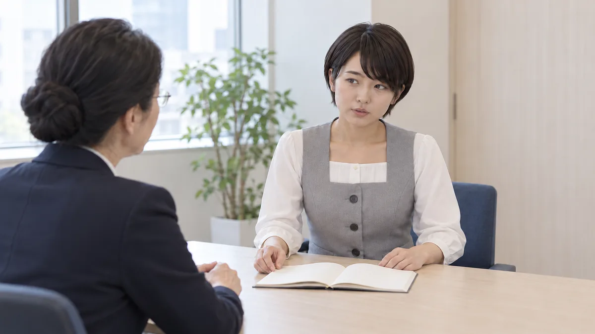 小会議室で開いたノートに手を添え、眼鏡をかけた女性上司へ話す女性