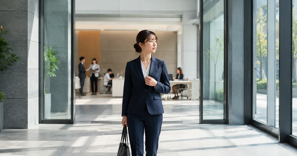 仕事から逃げたい気持ちを抱えた女性が、職場の人たちから少し離れた場所で、仕事との距離を取りながら今後について考えている様子。