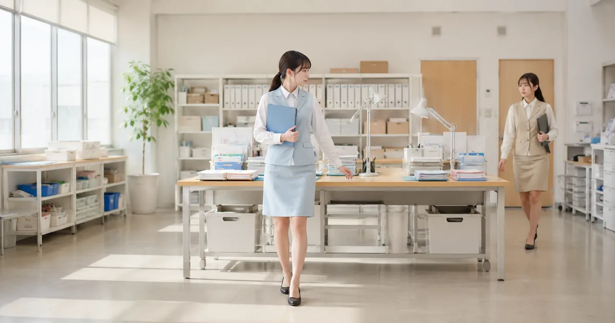 仕事で苦手な人とペアになった20代女性が、30代女性と同じ作業スペースで仕事を始めようとしている職場の様子。
