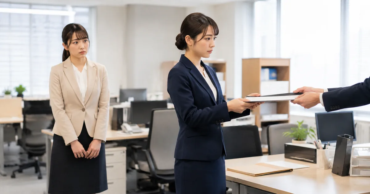 担当していた仕事が別の女性へ引き継がれる様子を見て、自分の評価が下がったのではないかと不安を感じる職場の女性