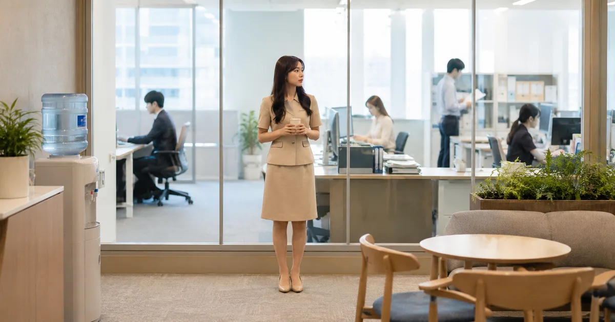 会話や交流が少ない職場をガラス越しに見ながら、職場の重い雰囲気に違和感を覚えている女性の様子