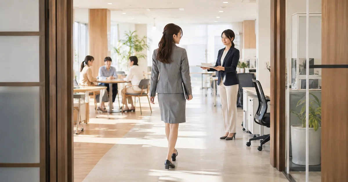 職場の雑談グループには入らず、仕事の資料を持って先輩のもとへ向かい、必要な仕事上の関係を作っている新人女性