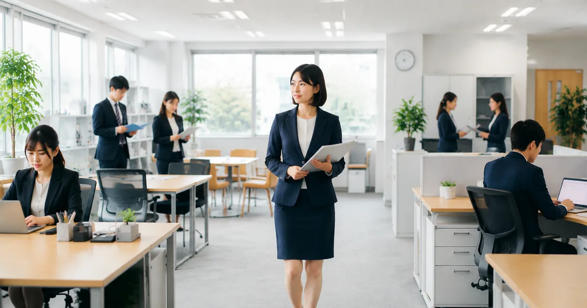 職場で必要以上に話さなくても、自分に合った距離感を保ちながら周囲と働く20代女性社員の自然な職場風景。