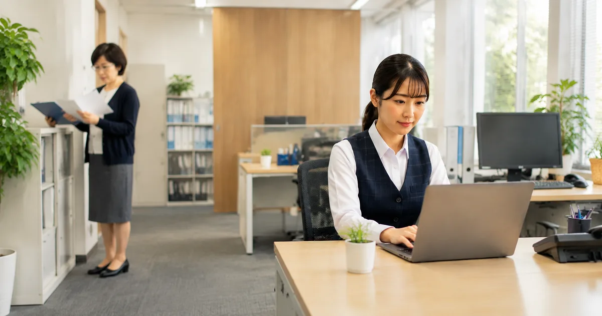 職場で細かな指摘をする50代女性と適度な距離を保ちながら、自分の仕事に集中する30代女性の様子。