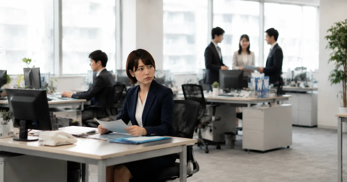 職場で周囲との距離を感じながら、書類を見て自分の状況や人間関係について考えている30代女性会社員と同僚がいるオフィス風景の画像。