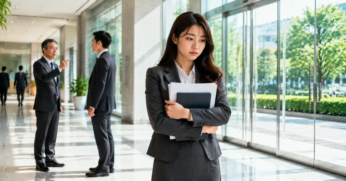 仕事をしない口だけ上司によって負担が偏り、女性社員が職場で資料を抱えながら今後の働き方について考えている様子。背景では上司が部下へ指示をしている。