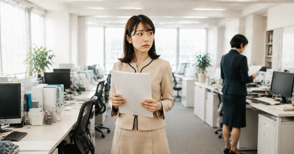 新人女性社員が書類を持って不安そうに立ち、離れた場所で働く先輩社員を見ている様子。仕事を教えてもらえず悩む状況を表した画像。
