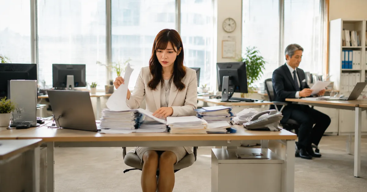 仕事ができない上司へのストレスで負担を抱え、仕事を整理する社員と職場の状況を表現した画像