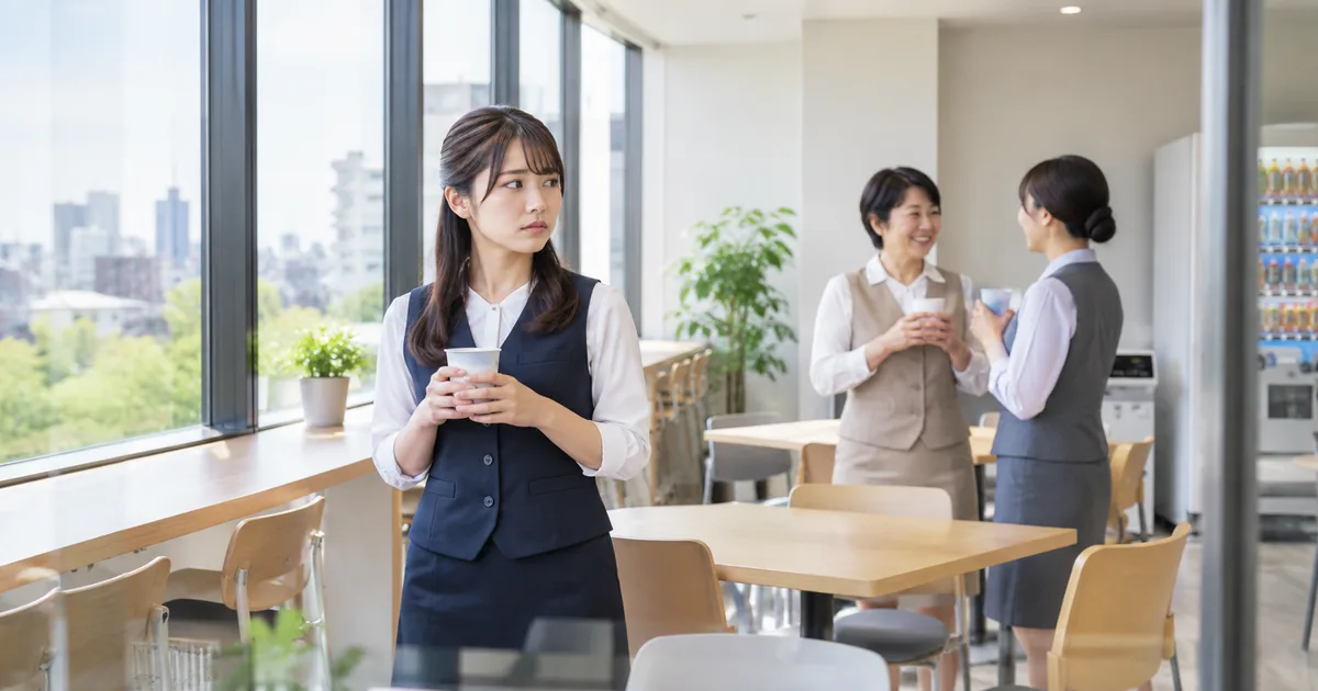 職場の休憩スペースで、50代女性が別の同僚と笑顔で会話している。その様子を少し離れた場所から見ている20代女性は、自分への対応との違いに戸惑っている。