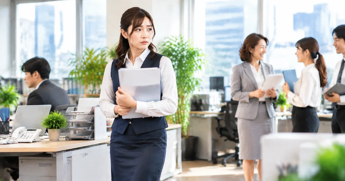 職場で人による態度の違いを感じ、同僚との距離を気にする女性の様子