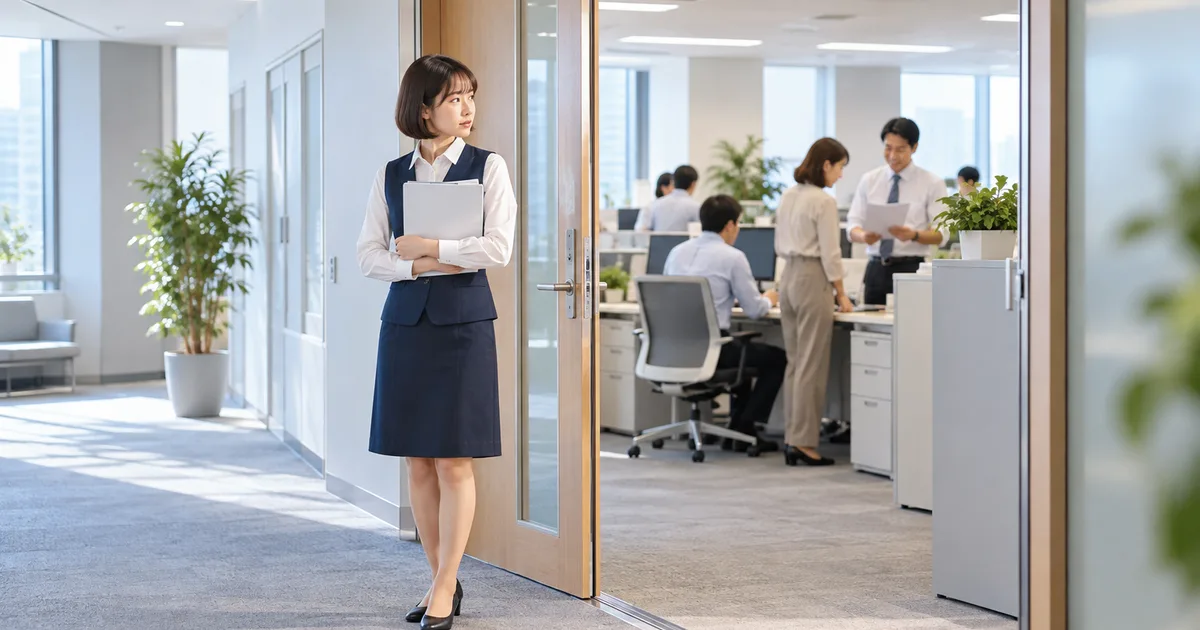 職場の人たちが働くオフィスの入口で、人間関係を理由に退職するか今の職場に残るか静かに考えている女性