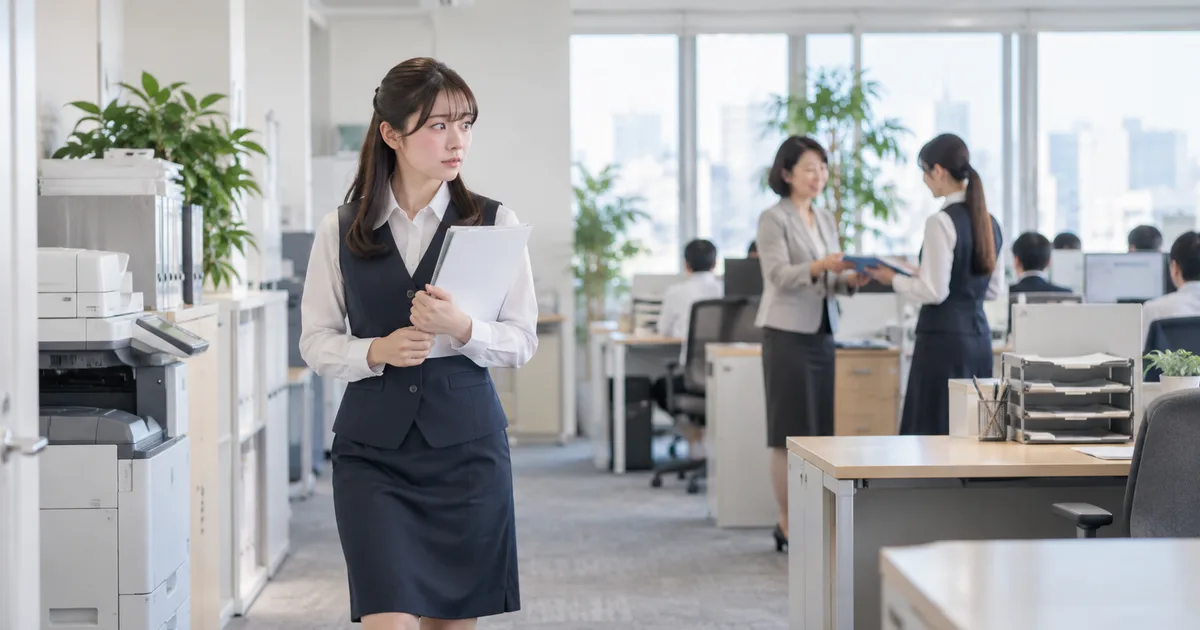 女性上司が別の社員に仕事を渡す様子を少し離れた場所から見て、自分は仕事を任せてもらえないことに迷いを感じている女性。