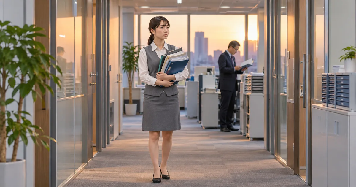 夕方のオフィスの廊下で、複数の書類を抱え、仕事が多すぎて退職を迷っている女性。奥では男性上司が書類を確認している。