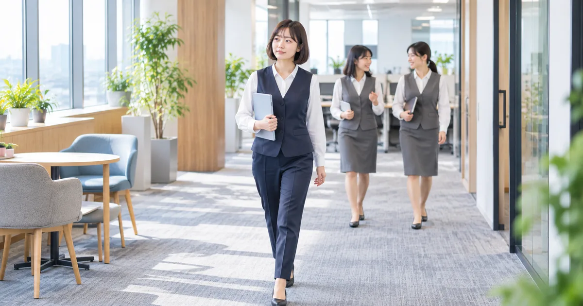 職場の同僚女性たちと無理に一緒に行動せず、適度な距離を保ちながら自分の仕事へ戻る20代の女性