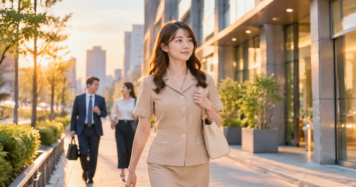 職場帰りの女性が一人で歩きながら、これからの働き方や今後の選択肢について考えている様子。