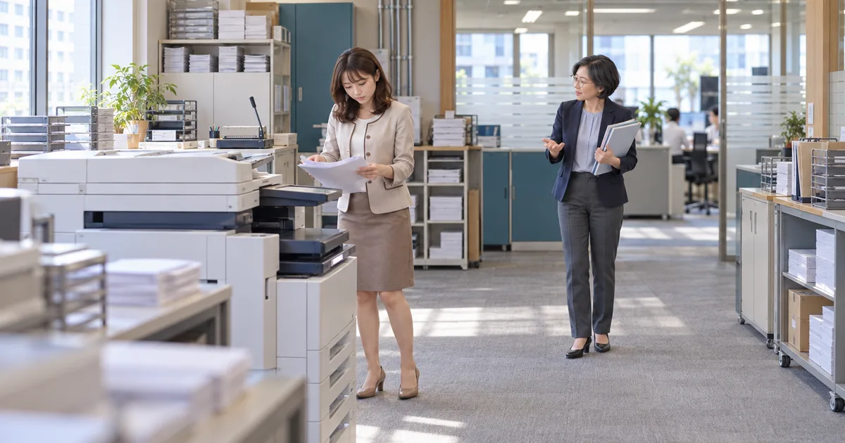 コピー機の前で紙を揃える女性と、ファイルを抱えて話す同僚