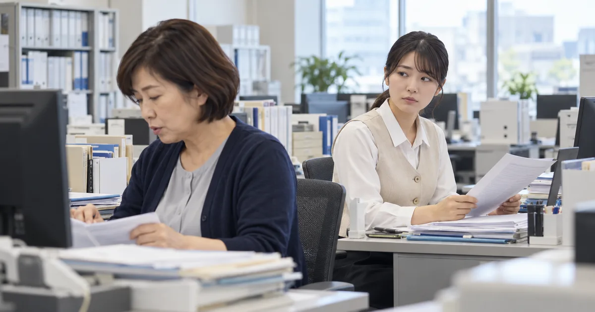 職場で独り言を続ける50代女性の声に気づき、仕事中に困った表情を見せる女性